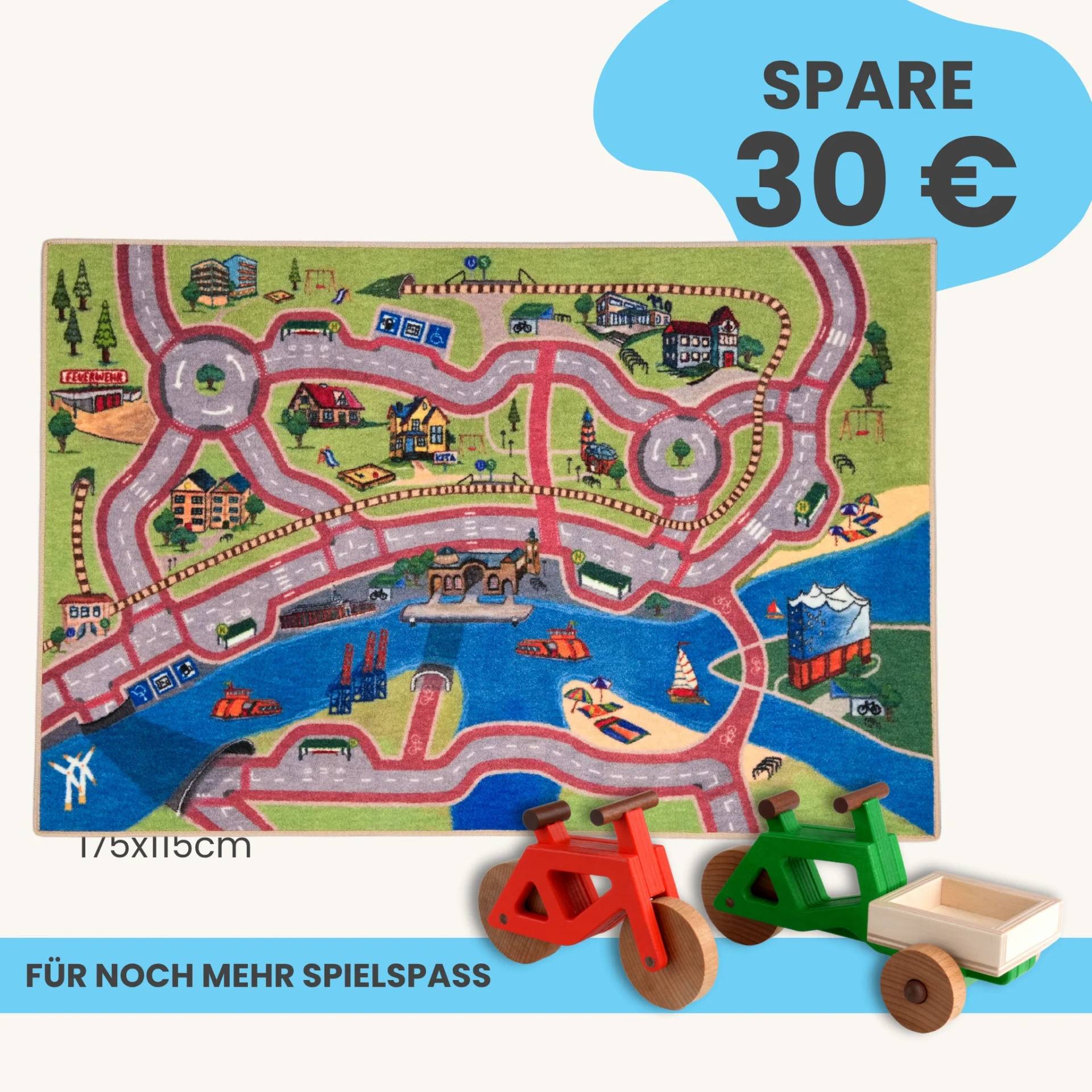 Spielteppich Hamburg 175x115cm im Starter-Set | Spielzeugfahrrad aus Holz (Farbe): Rot | Spielzeuglastenrad aus Holz (Farbe): Grün | Flache Transportbox Lastenrad (Farbe): Natur