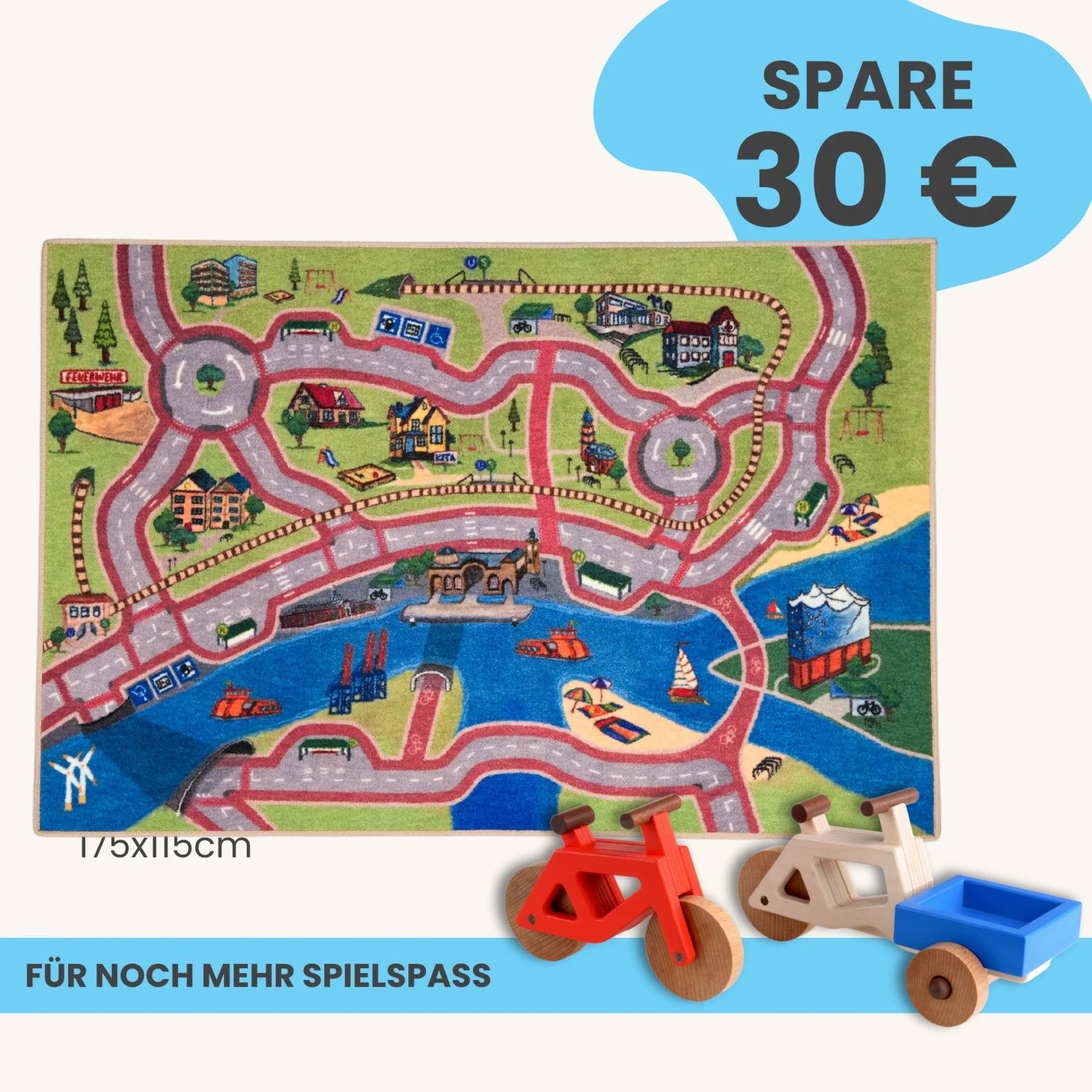 Spielteppich Hamburg 175x115cm im Starter-Set | Spielzeugfahrrad aus Holz (Farbe): Rot | Spielzeuglastenrad aus Holz (Farbe): Natur | Flache Transportbox Lastenrad (Farbe): Blau