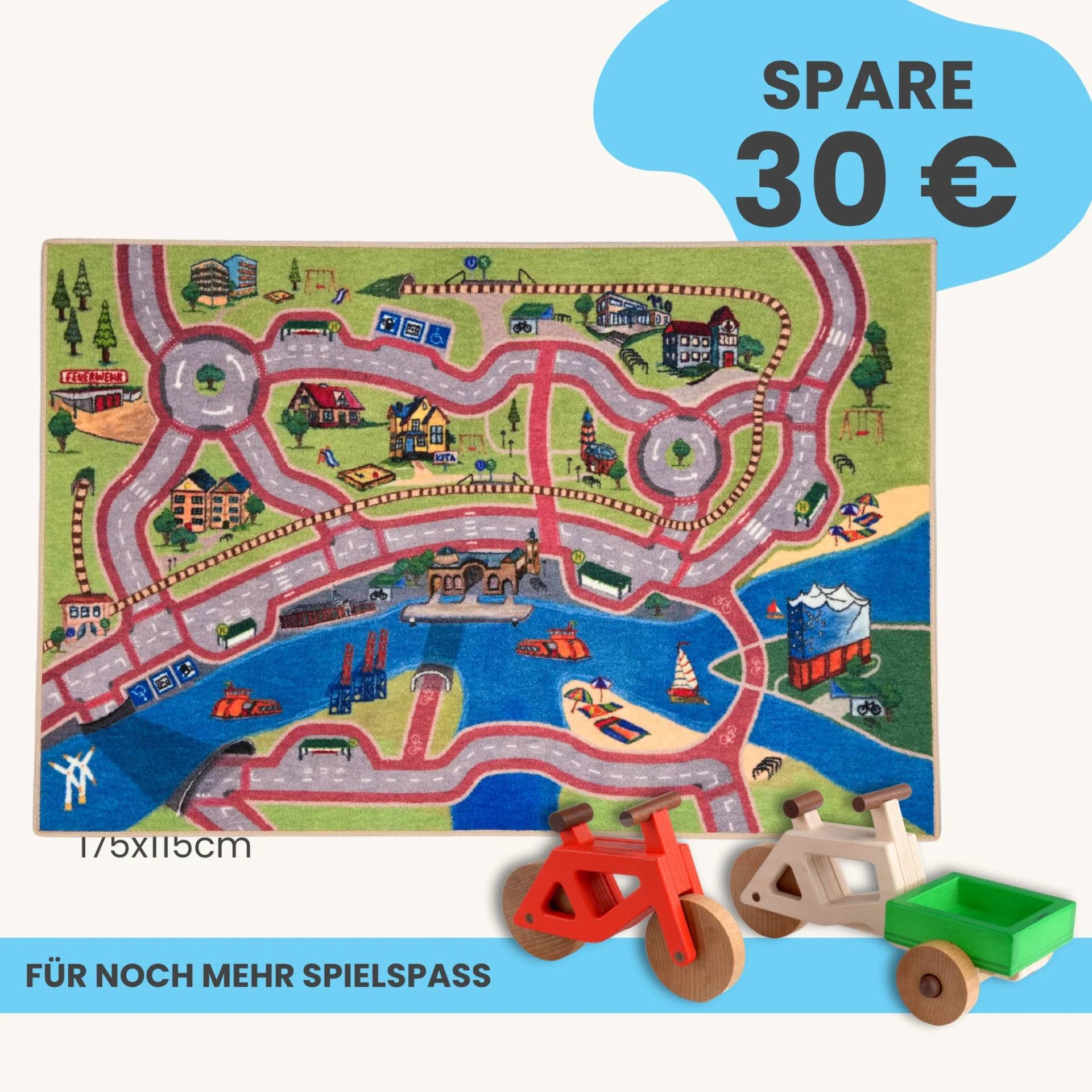 Spielteppich Hamburg 175x115cm im Starter-Set | Spielzeugfahrrad aus Holz (Farbe): Rot | Spielzeuglastenrad aus Holz (Farbe): Natur | Flache Transportbox Lastenrad (Farbe): Grün