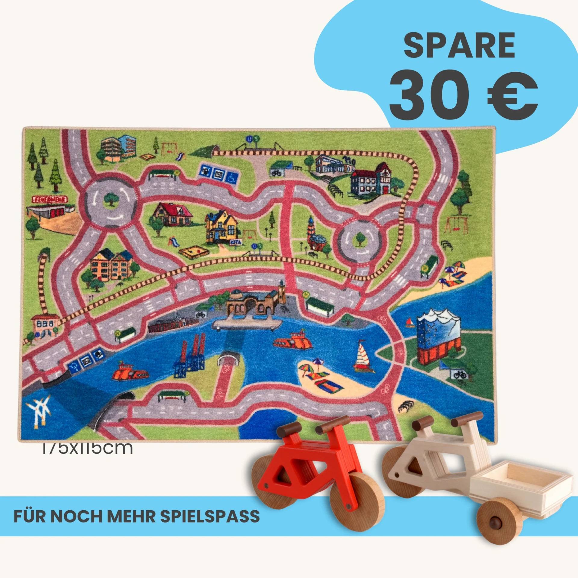 Spielteppich Hamburg 175x115cm im Starter-Set | Spielzeugfahrrad aus Holz (Farbe): Rot | Spielzeuglastenrad aus Holz (Farbe): Natur | Flache Transportbox Lastenrad (Farbe): Natur