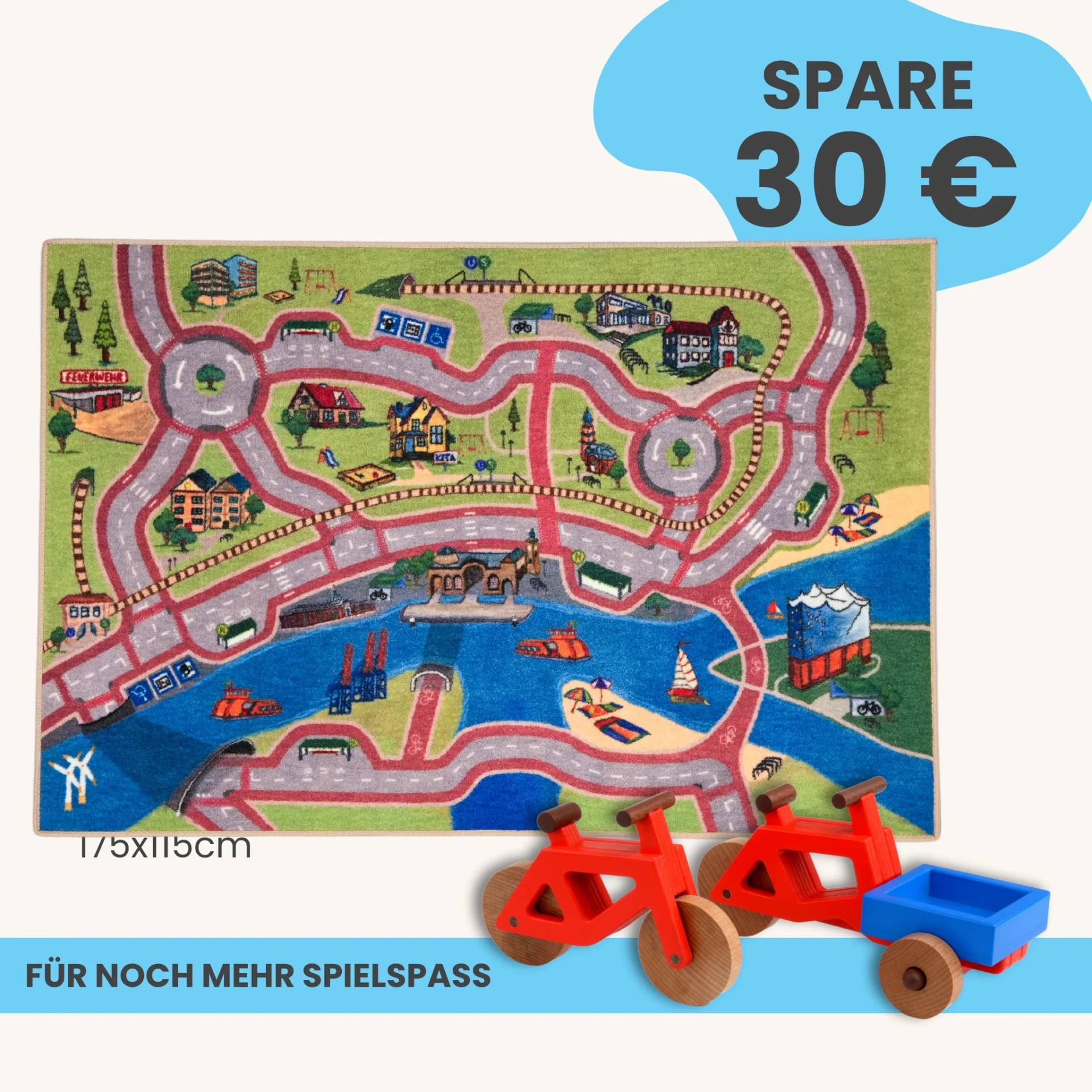 Spielteppich Hamburg 175x115cm im Starter-Set | Spielzeugfahrrad aus Holz (Farbe): Rot | Spielzeuglastenrad aus Holz (Farbe): Rot | Flache Transportbox Lastenrad (Farbe): Blau