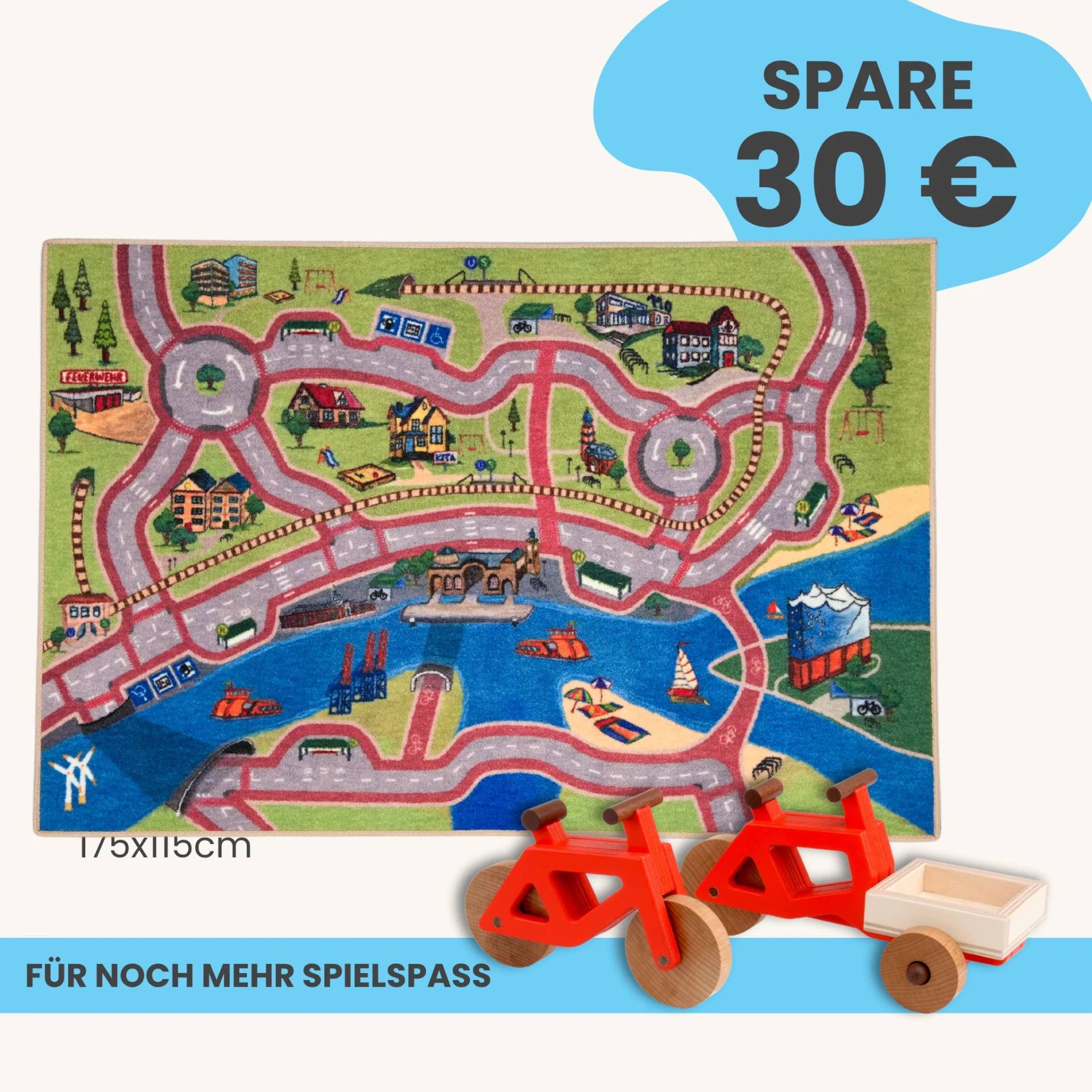 Spielteppich Hamburg 175x115cm im Starter-Set | Spielzeugfahrrad aus Holz (Farbe): Rot | Spielzeuglastenrad aus Holz (Farbe): Rot | Flache Transportbox Lastenrad (Farbe): Natur