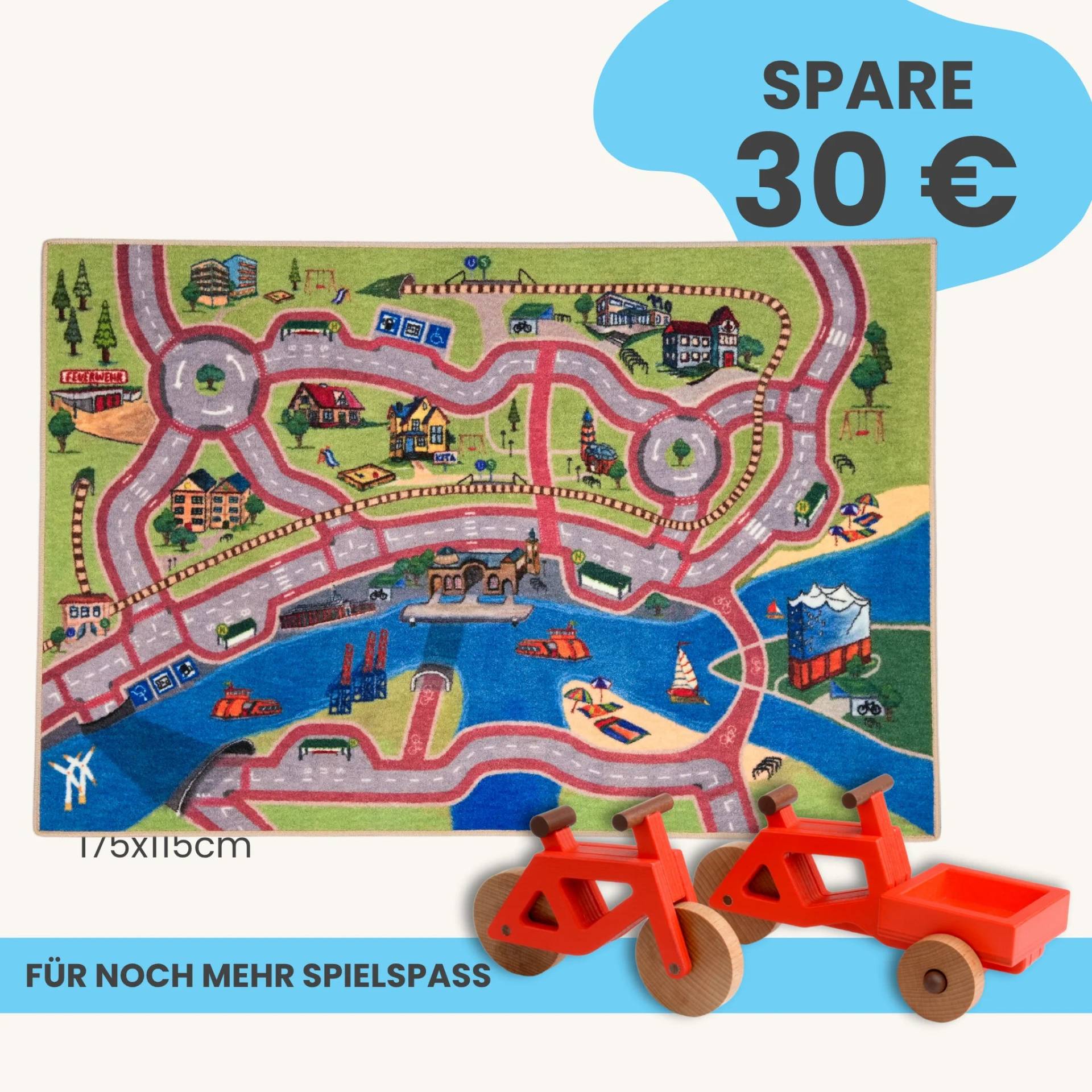 Spielteppich Hamburg 175x115cm im Starter-Set | Spielzeugfahrrad aus Holz (Farbe): Rot | Spielzeuglastenrad aus Holz (Farbe): Rot | Flache Transportbox Lastenrad (Farbe): Rot