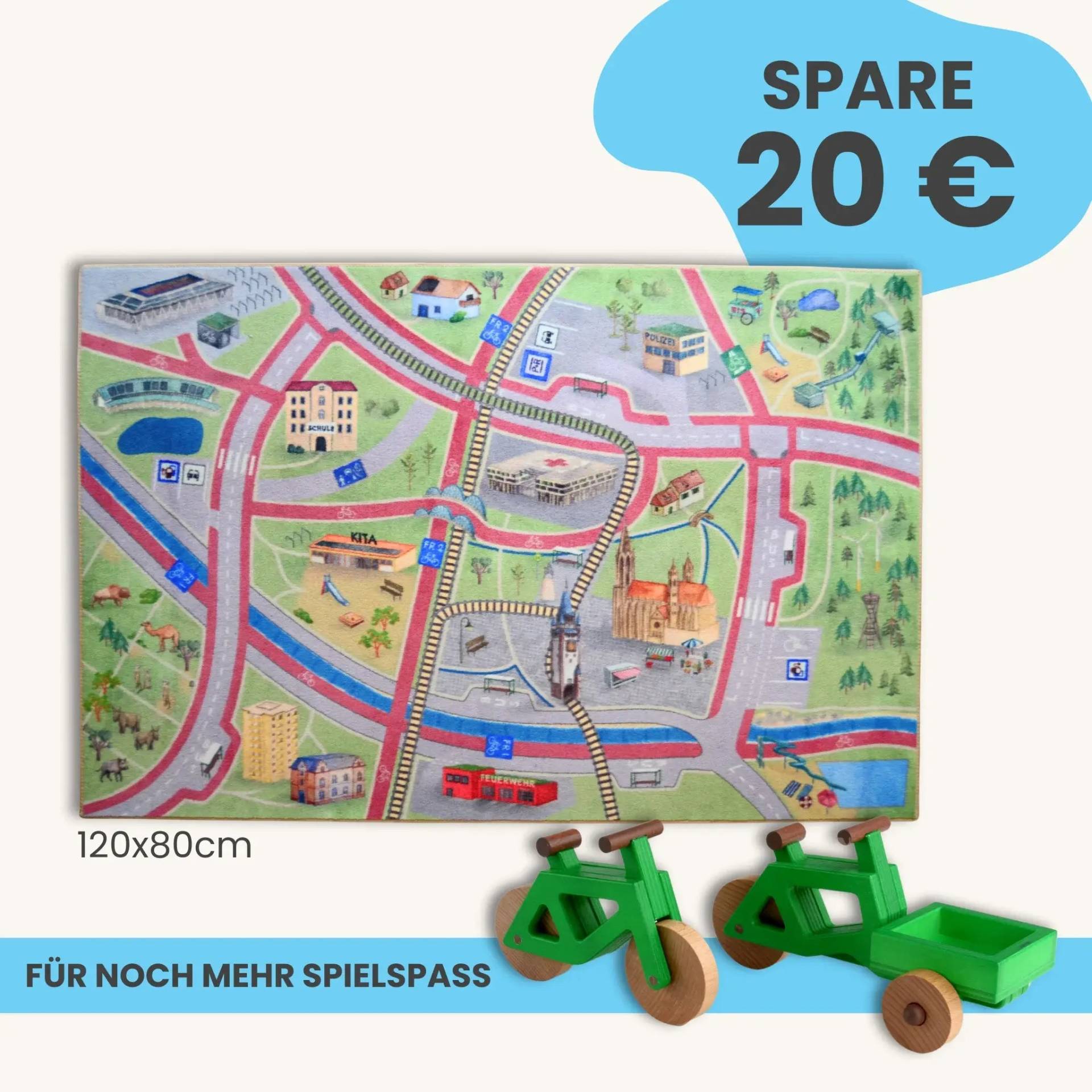 Spielteppich FREIBURG 120x80cm im Starter-Set | Spielzeugfahrrad (Farbe): Grün | Spielzeuglastenrad aus Holz (Farbe): Grün | Flache Transportbox Lastenrad (Farbe): Grün Spielteppich FREIBURG 120x80cm im Starter-Set | Spielzeugfahrrad (Farbe): Grün | Spielzeuglastenrad aus Holz (Farbe): Grün | Flache Transportbox Lastenrad (Farbe): Grün
