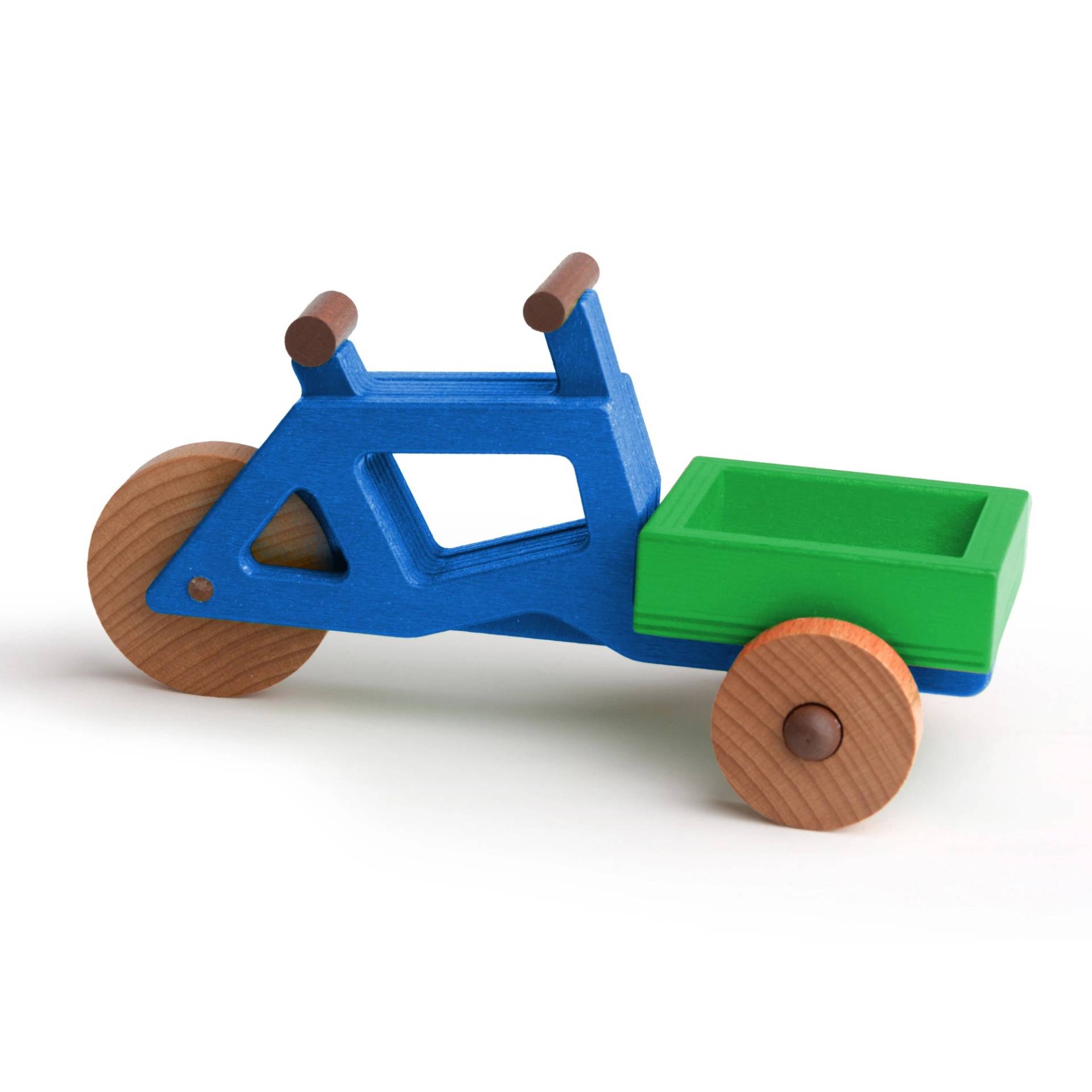 Spielzeug-Lastenrad | Spielzeuglastenrad aus Holz (Farbe): Blau | Flache Transportbox Lastenrad (Farbe): Grün