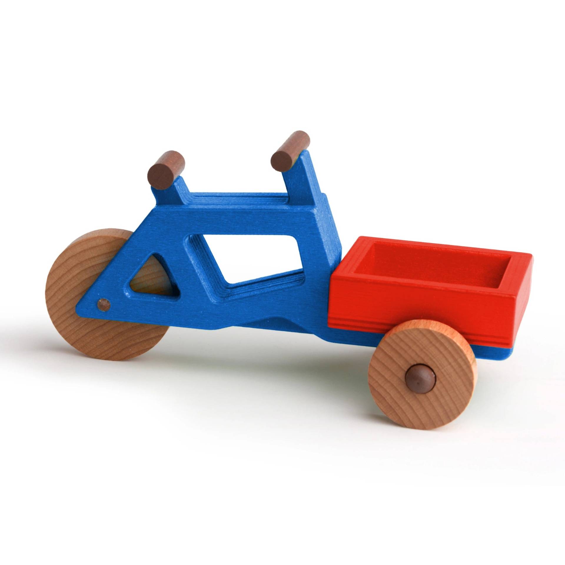 Spielzeug-Lastenrad | Spielzeuglastenrad aus Holz (Farbe): Blau | Flache Transportbox Lastenrad (Farbe): Rot