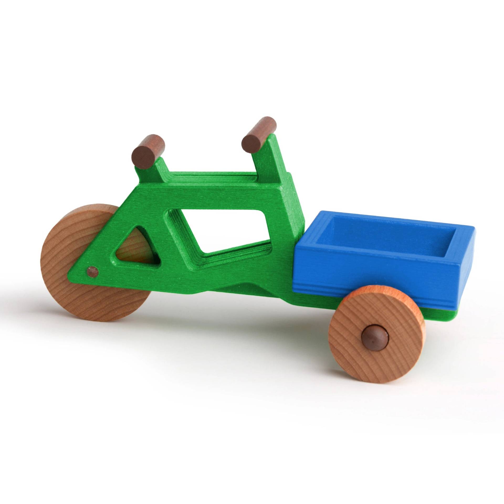 Spielzeug-Lastenrad | Spielzeuglastenrad aus Holz (Farbe): Grün | Flache Transportbox Lastenrad (Farbe): Blau