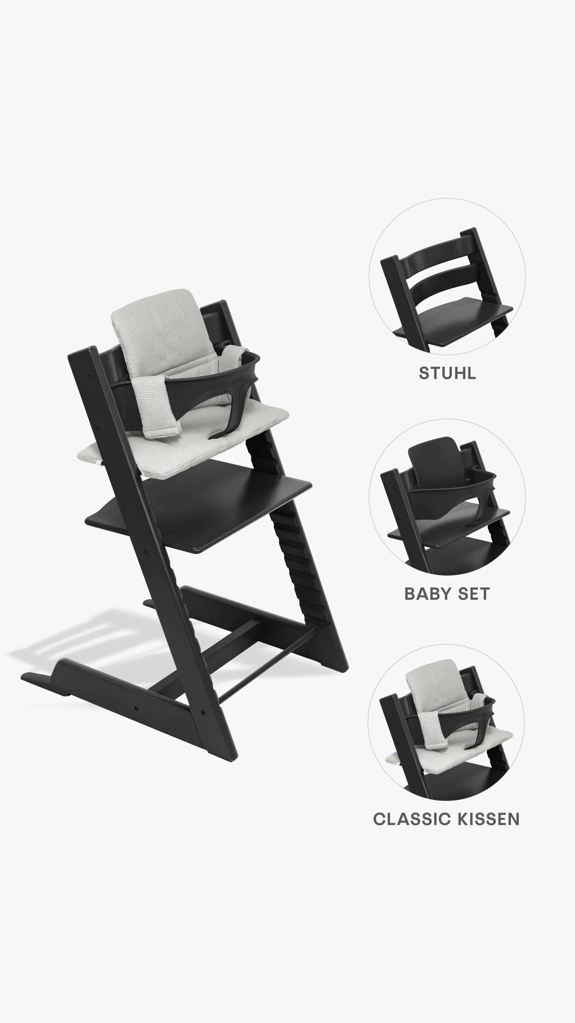 Stokke Tripp Trapp Hochstuhl + Baby-Set 2 und Sitzkissen Black/Nordic Grey