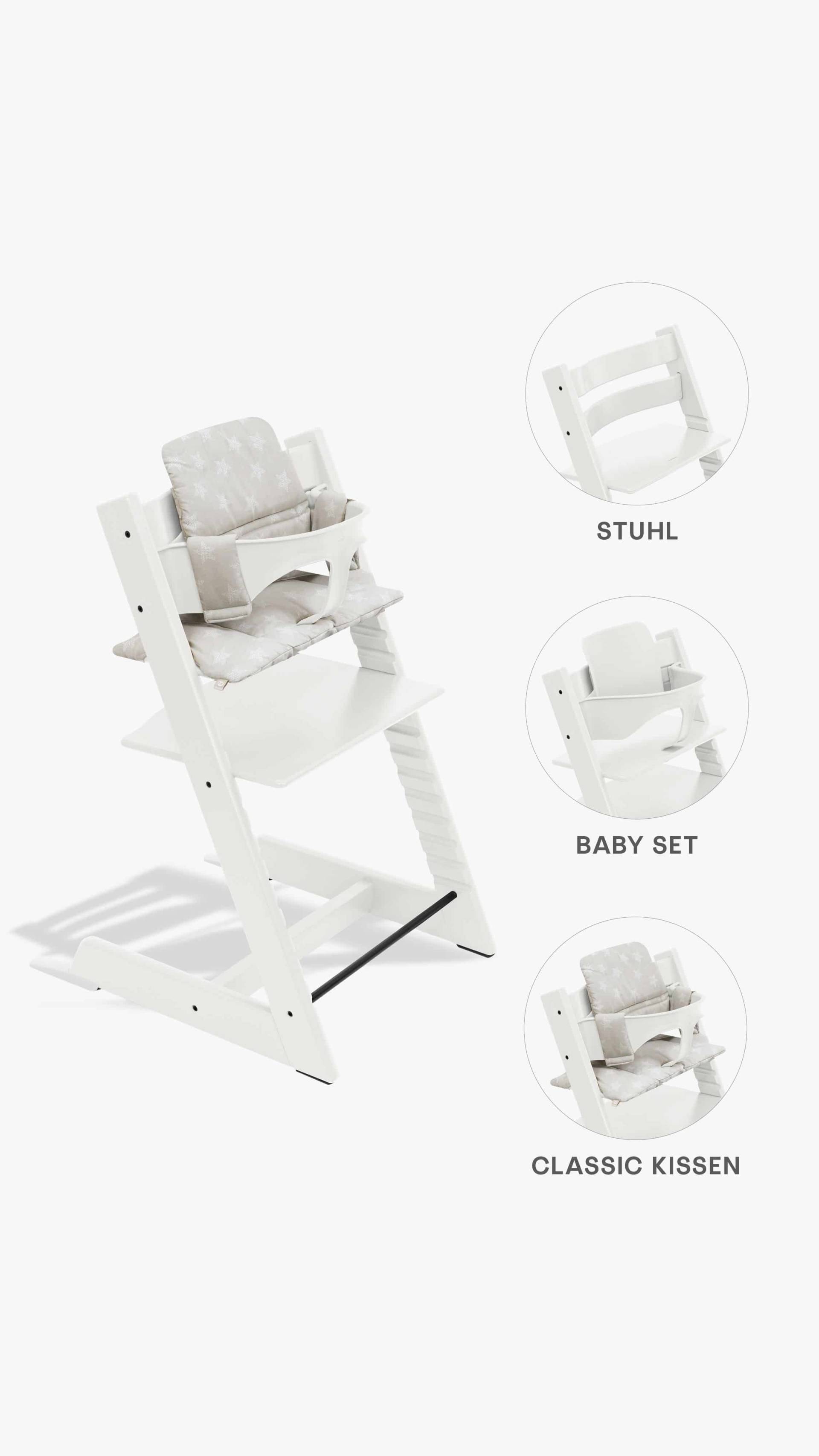 Stokke Tripp Trapp Hochstuhl + Baby-Set 2 und Sitzkissen White/Star Silver