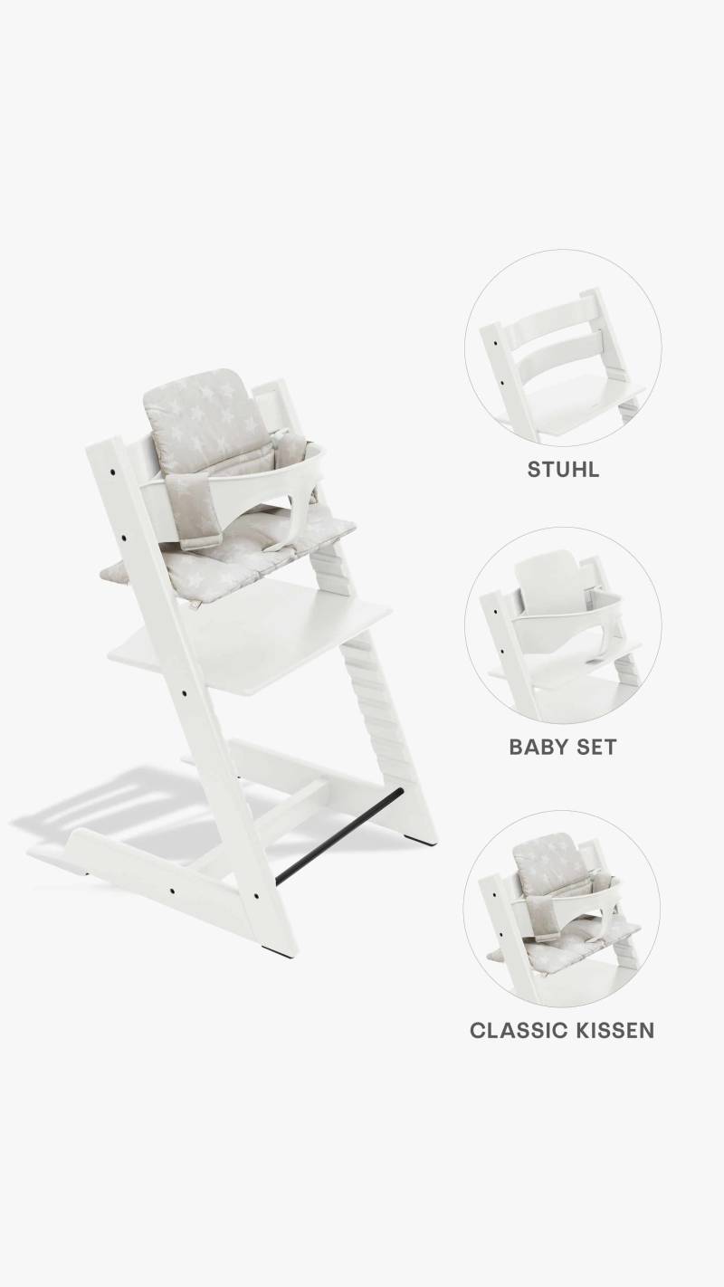 Stokke Tripp Trapp Hochstuhl + Baby-Set 2 und Sitzkissen White/Star Silver Stokke Tripp Trapp Hochstuhl + Baby-Set 2 und Sitzkissen White/Star Silver