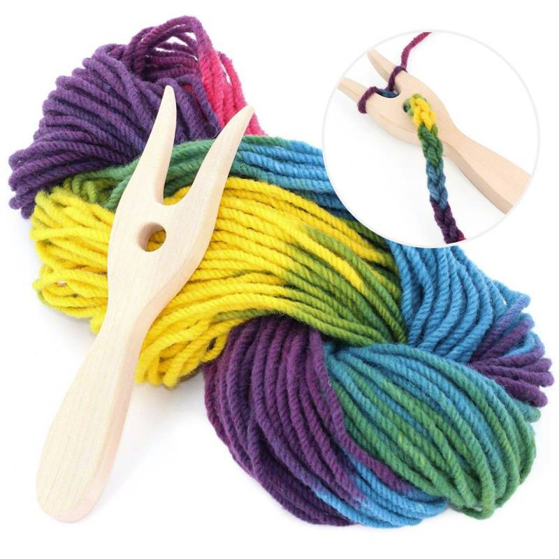 Strickgabel mit Bio-Wolle – blau, grün, gelb Strickgabel mit Bio-Wolle – blau, grün, gelb