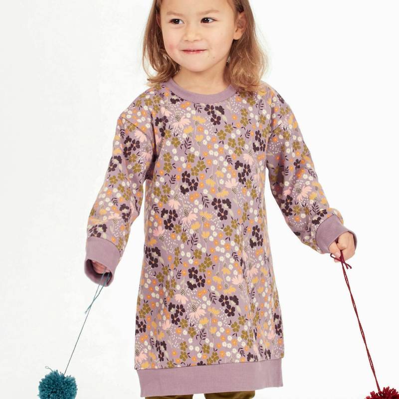 Sweatkleid langarm Blumendruck mauve 100% BioBaumwolle 98/104