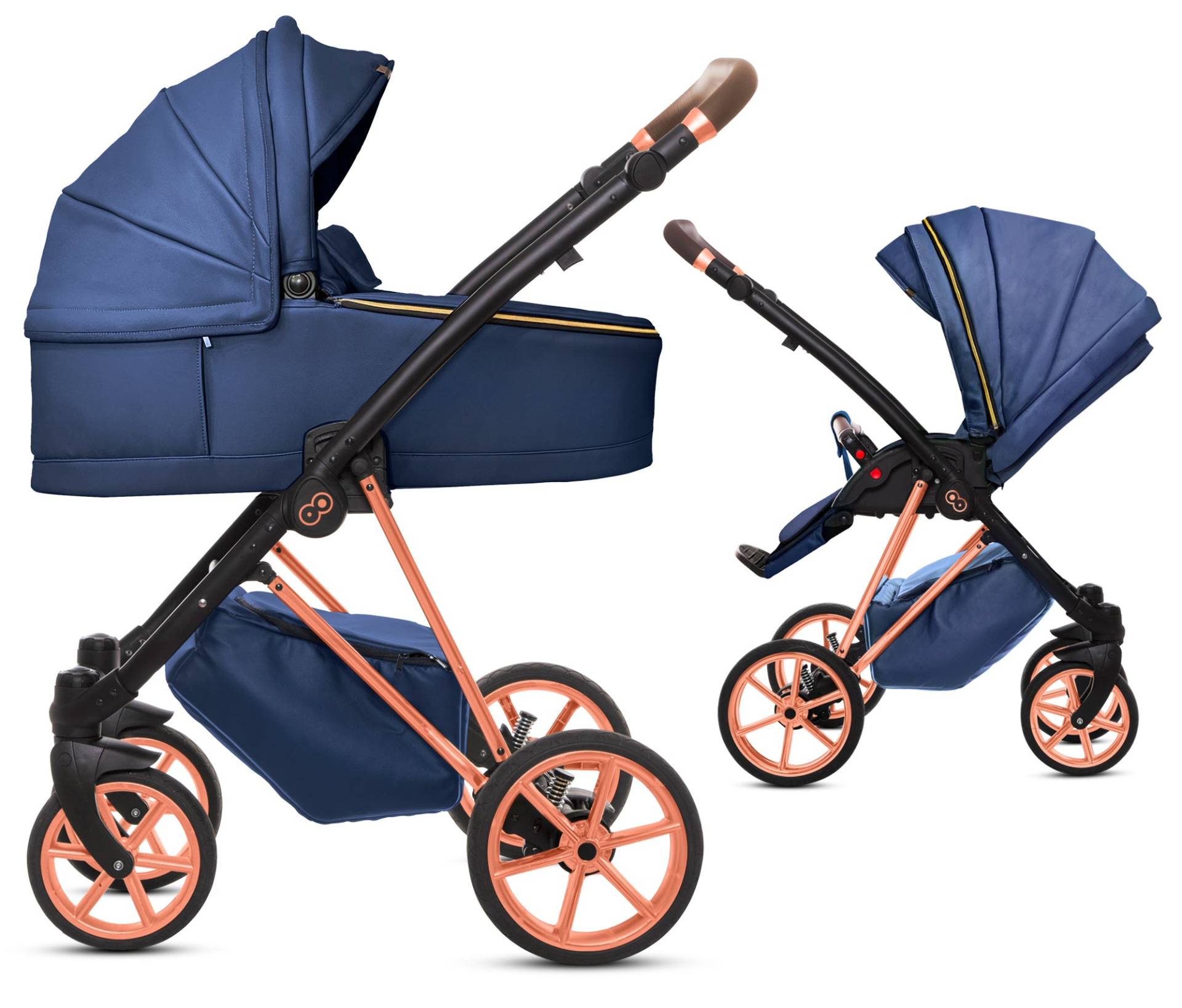 TPFLiving 2in1 Kinderwagen Royal Kunstleder - Blueberry / Gestell Roségold