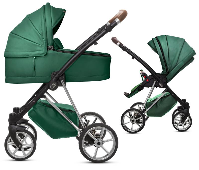 TPFLiving 2in1 Kinderwagen Royal Kunstleder - Grün / Gestell Silber