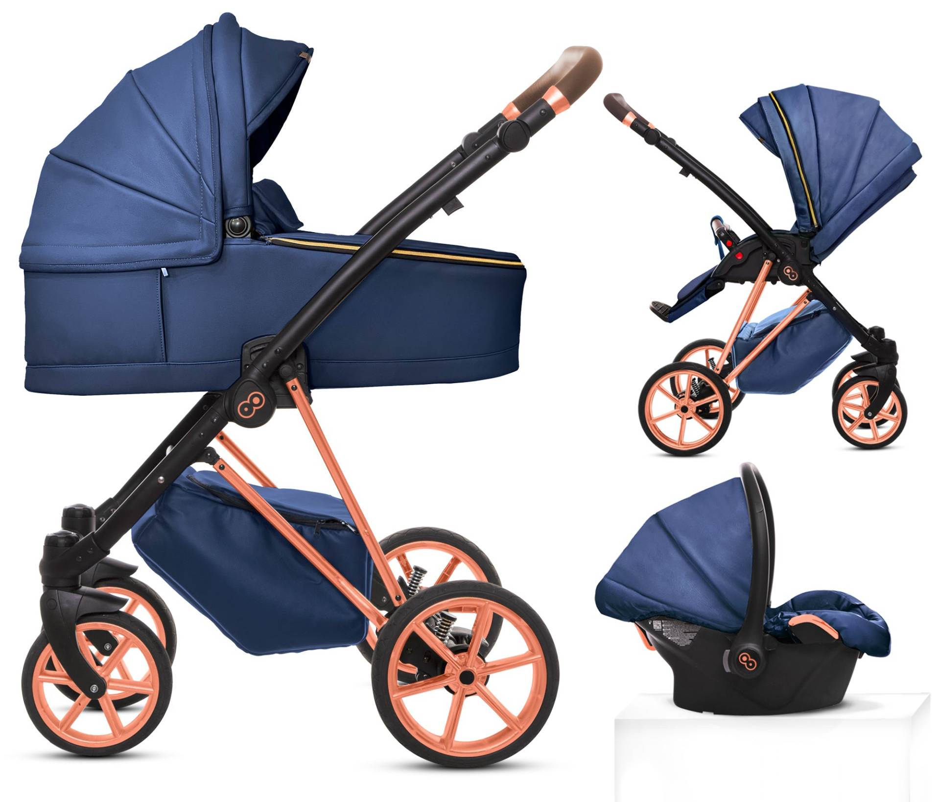 TPFLiving 3in1 Kinderwagen Royal Kunstleder - Blueberry / Gestell Roségold TPFLiving 3in1 Kinderwagen Royal Kunstleder - Blueberry / Gestell Roségold