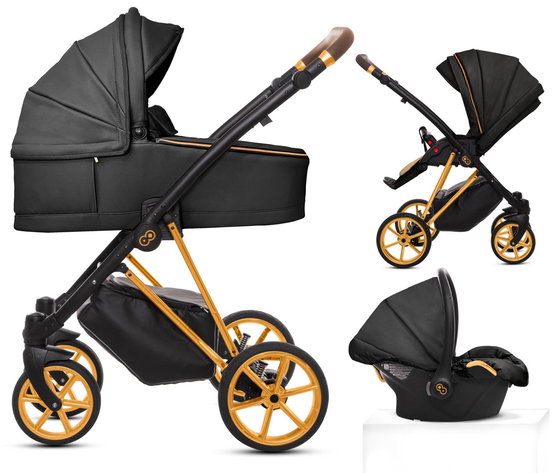 TPFLiving 3in1 Kinderwagen Royal Kunstleder - Onyx / Gestell Gold