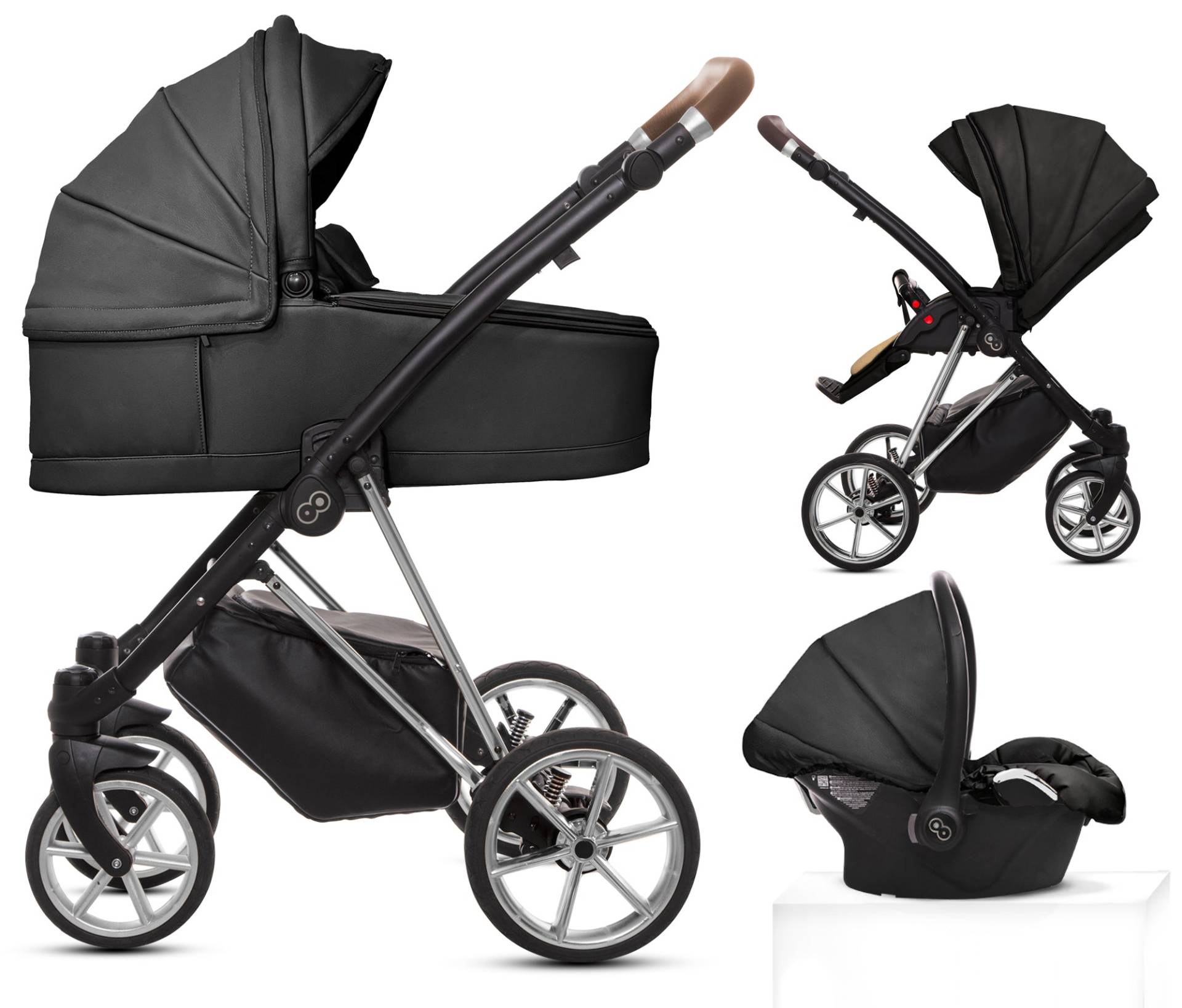 TPFLiving 3in1 Kinderwagen Royal Kunstleder - Onyx / Gestell Silber