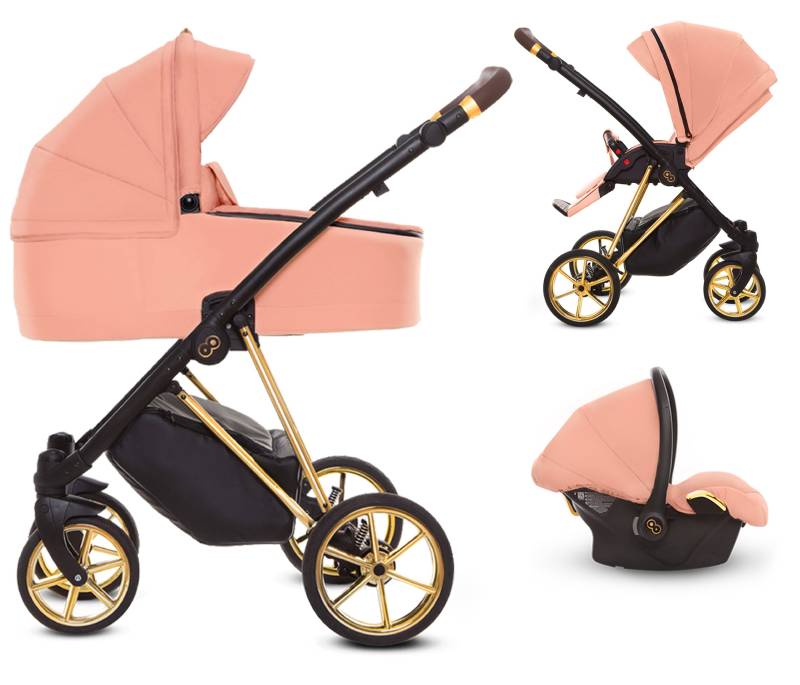 TPFLiving 3in1 Kinderwagen Ultra Stoff - Apricot / Gestell Gold