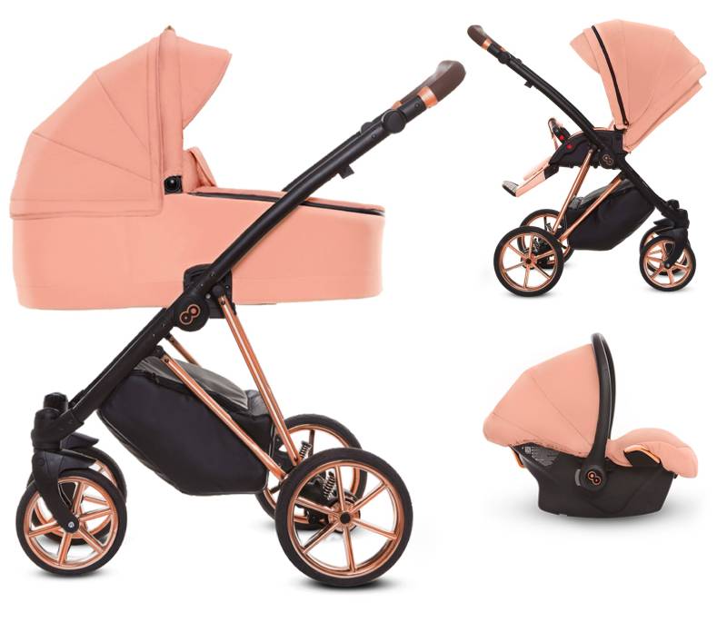 TPFLiving 3in1 Kinderwagen Ultra Stoff - Apricot / Gestell Roségold