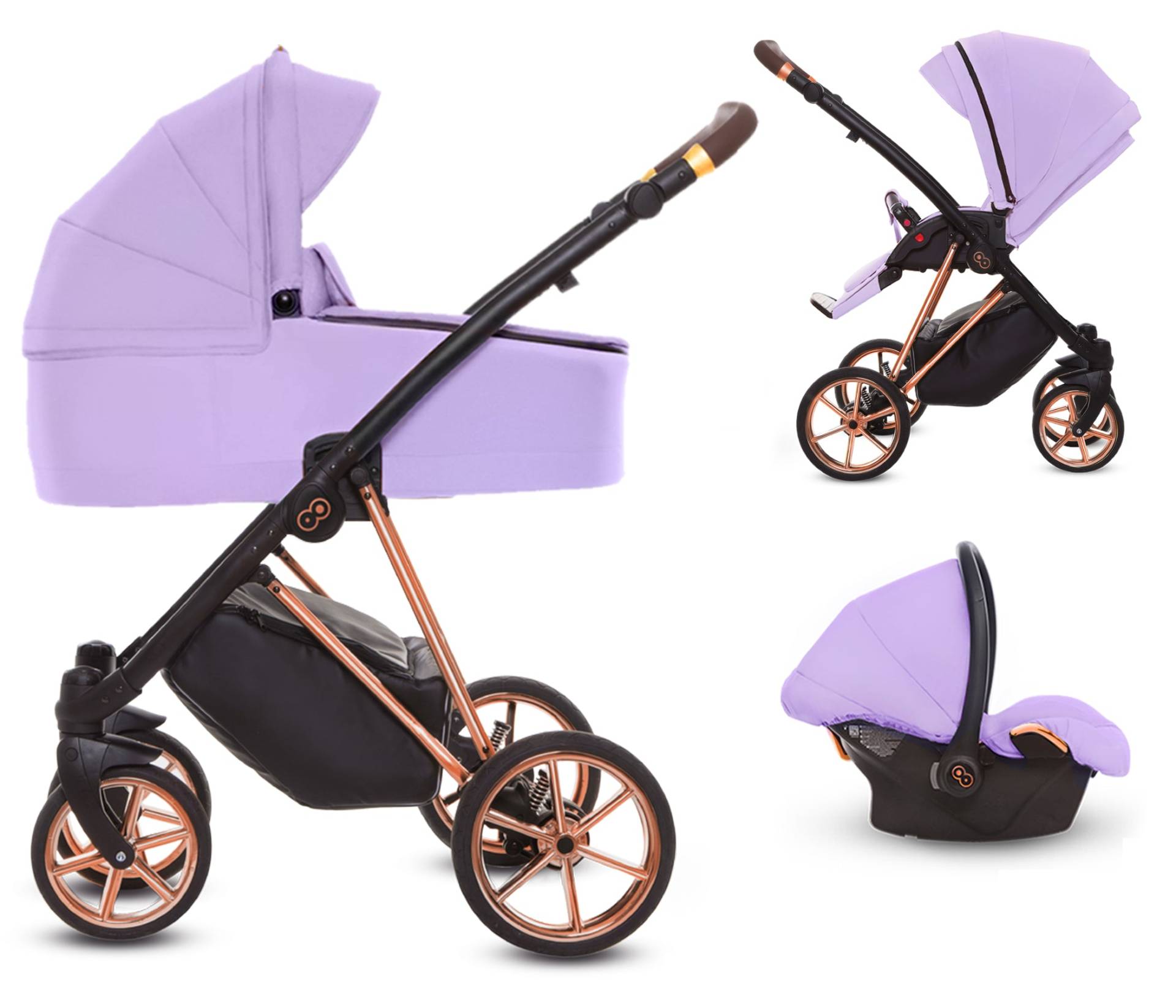 TPFLiving 3in1 Kinderwagen Ultra Stoff - Lila / Gestell Roségold