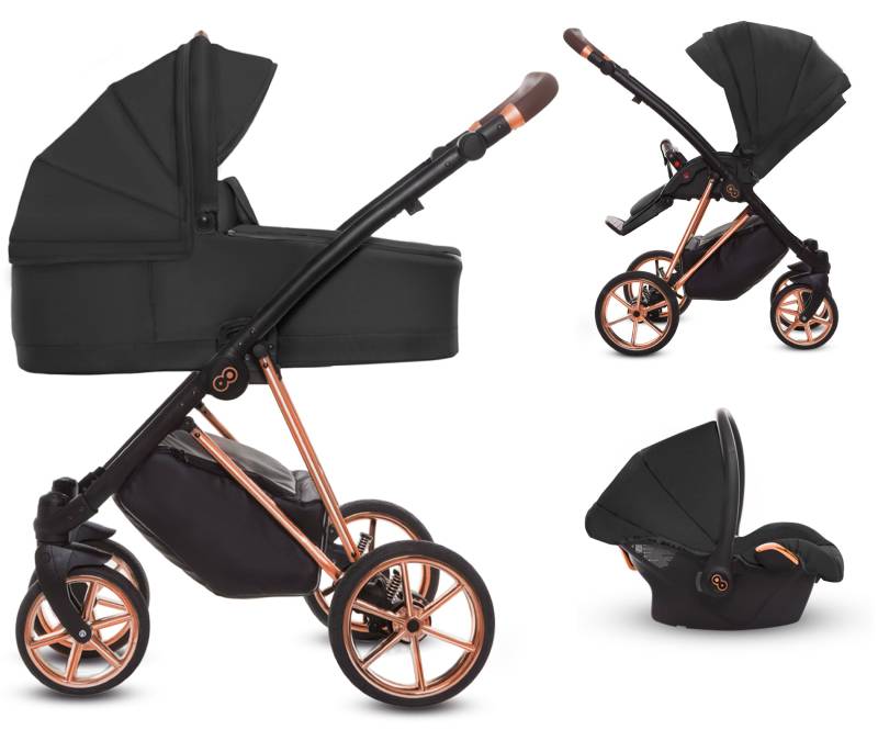 TPFLiving 3in1 Kinderwagen Ultra Stoff - Schwarz / Gestell Roségold