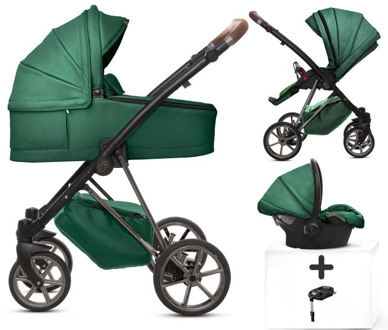 TPFLiving 4in1 Kinderwagen Royal Kunstleder - Grün / Gestell Space Grau