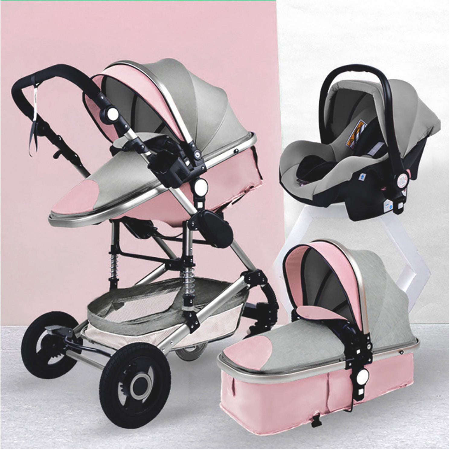 TPFLiving Kombi-Kinderwagen 3in1 Set - Modell 2 Stoff - Rosa Grau