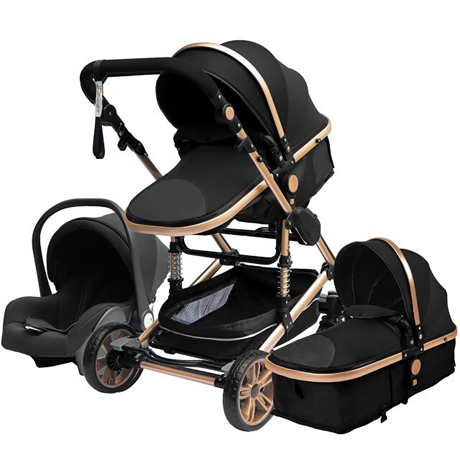 TPFLiving Kombi-Kinderwagen 3in1 Set - Modell 2 Stoff - Schwarz Gold