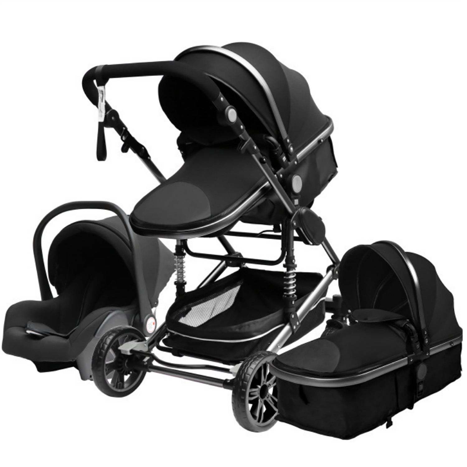 TPFLiving Kombi-Kinderwagen 3in1 Set - Modell 2 Stoff - Schwarz Silber