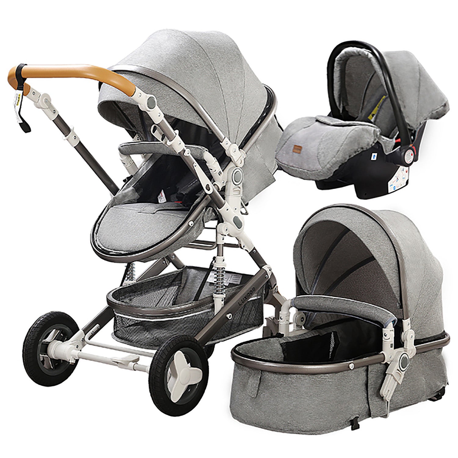 TPFLiving Kombi-Kinderwagen 3in1 Set - Modell Lux 7 Stoff - Grau