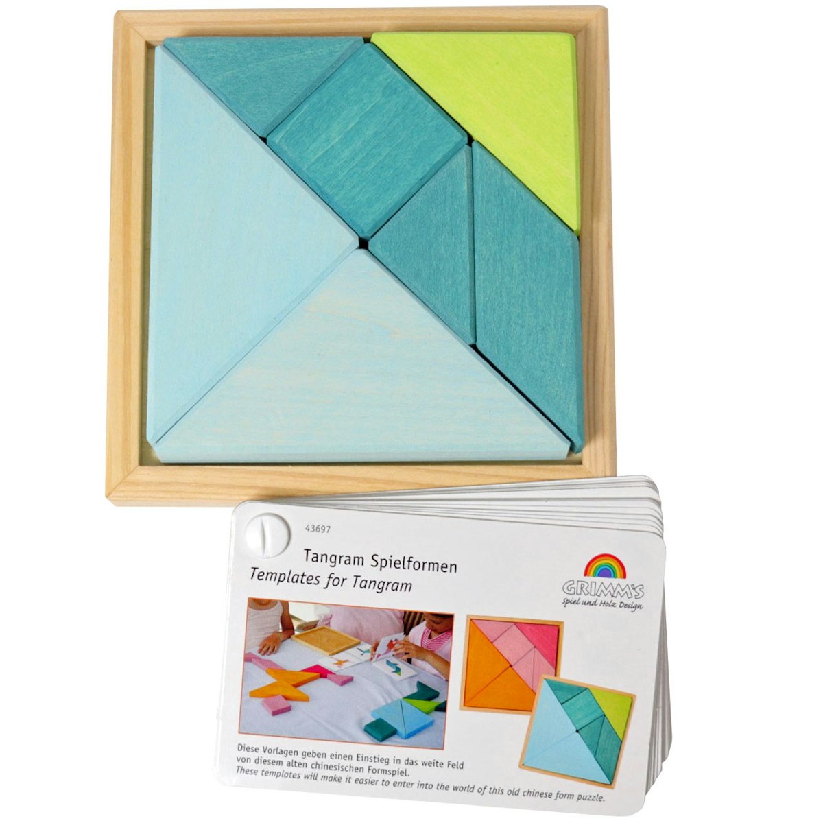 Tangram mit Holzrahmen türkis, 7 Teile im Holzrahmen