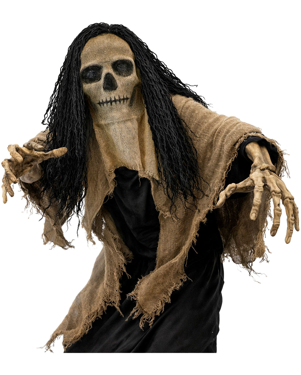 Totenschädel Jute Maske mit Kapuze & Haaren