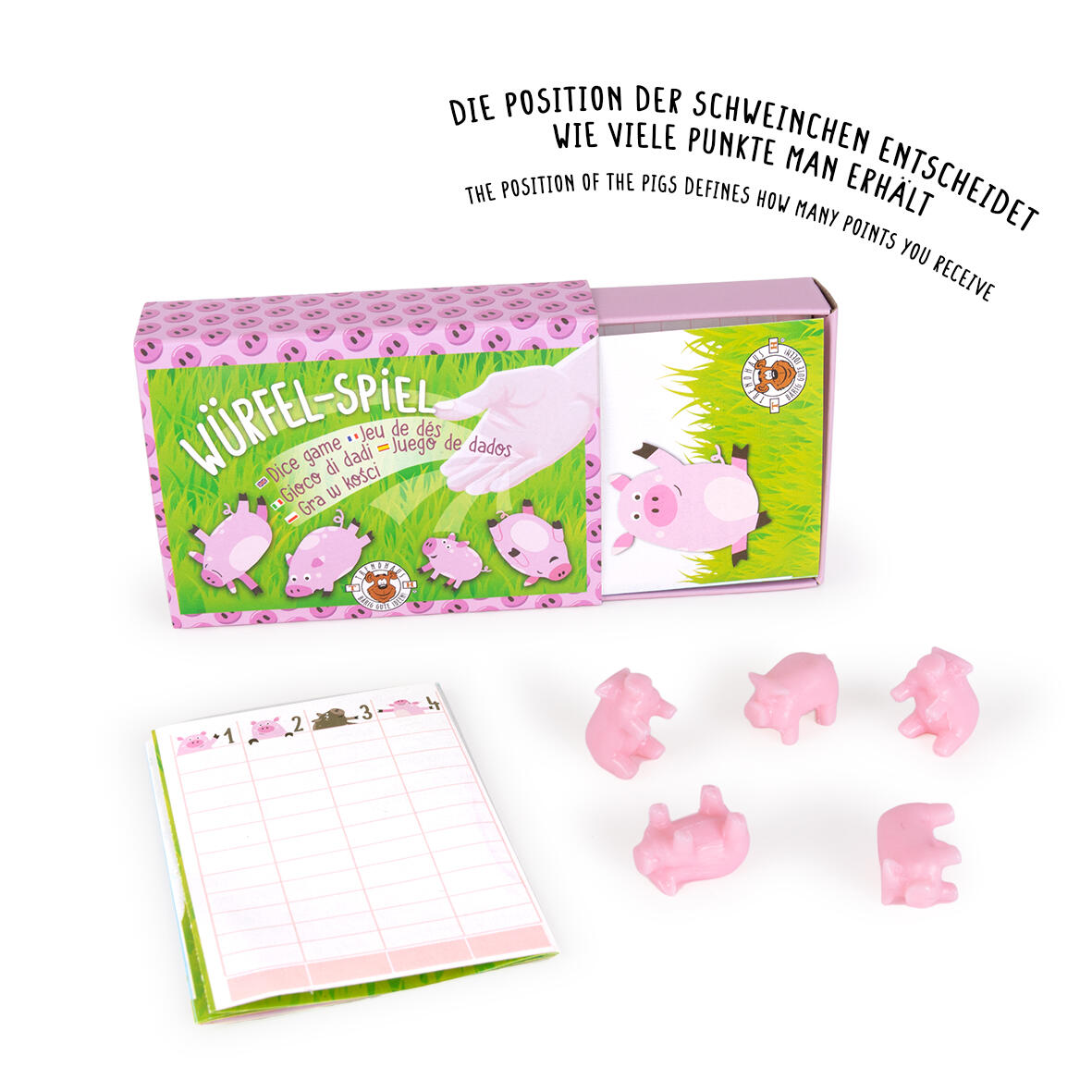 Trendhaus - Schweinchen-Würfelspiel m. Block, Schweine würfeln