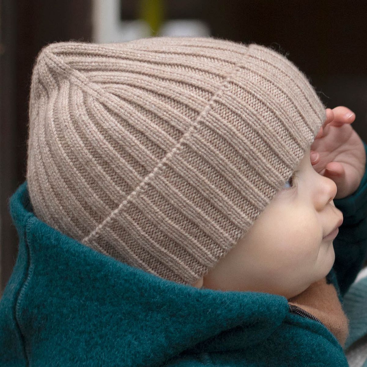 Warme Strickmütze Merinowolle Kaschmir beige 47/49