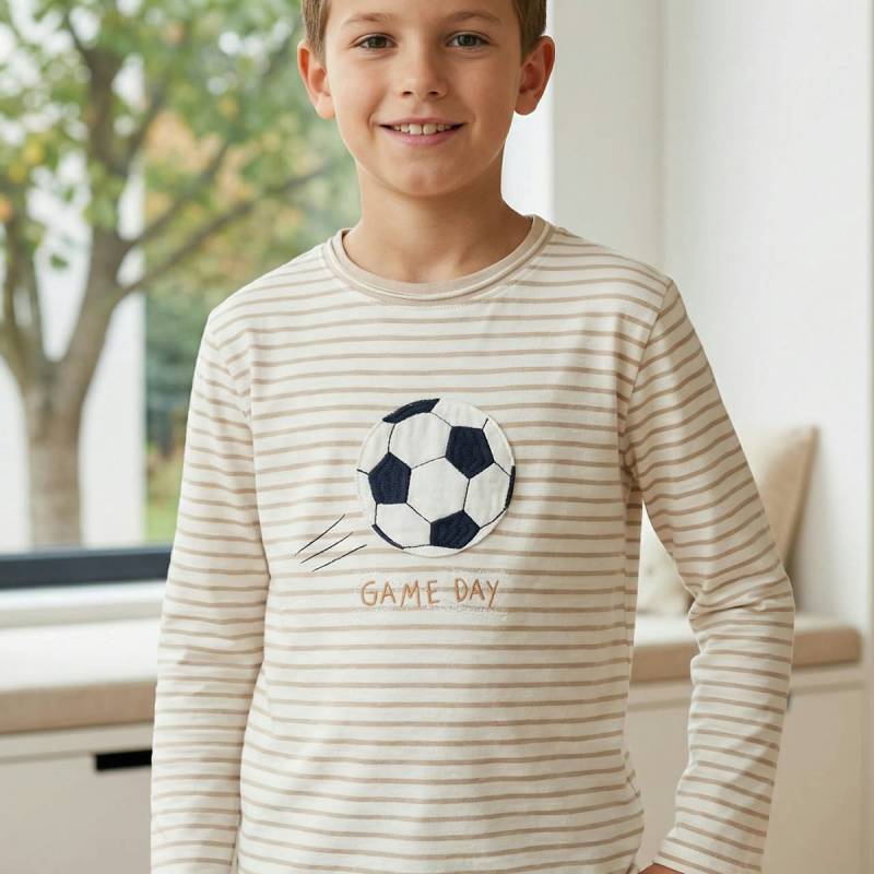 Weiches Langarmshirt Fußball beige gestreift 134/140