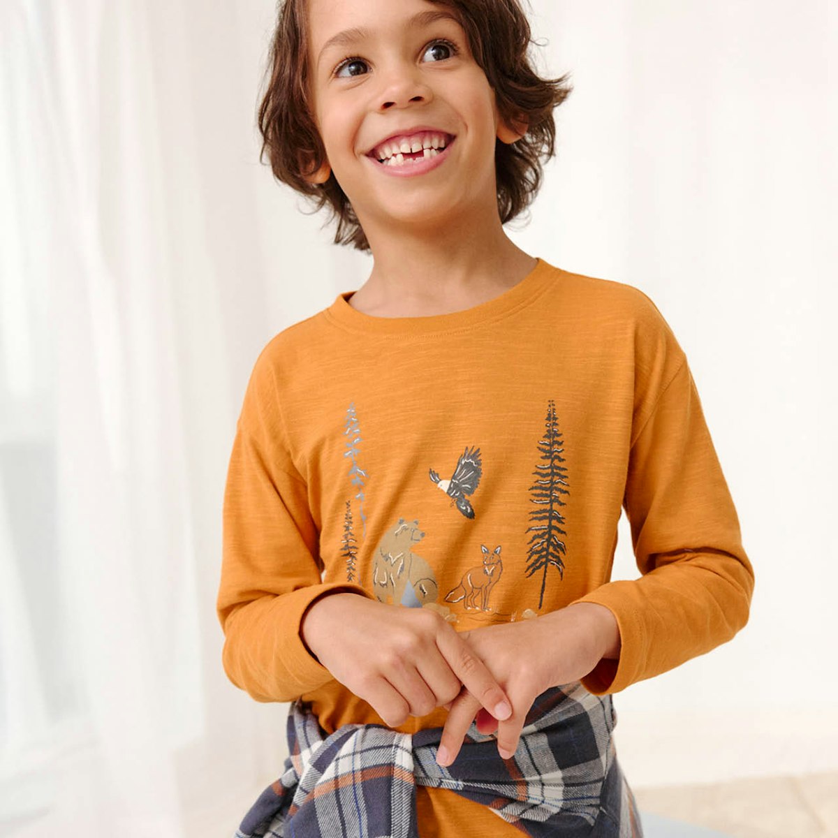 Weiches Langarmshirt Waldtierprint orange 122/128