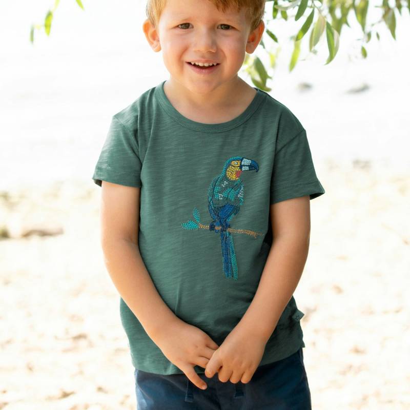Weiches T-Shirt Tukan-Stickerei petrol 122/128
