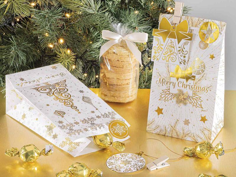 Weihnachtspapiertüte Gold mit Clip, Anhänger und Aufkleber Weihnachtspapiertüte Gold mit Clip, Anhänger und Aufkleber