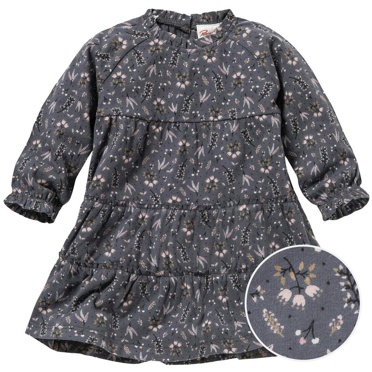 Weites Rüschenkleid langarm schiefergrau geblümt 62/68 Weites Rüschenkleid langarm schiefergrau geblümt 62/68