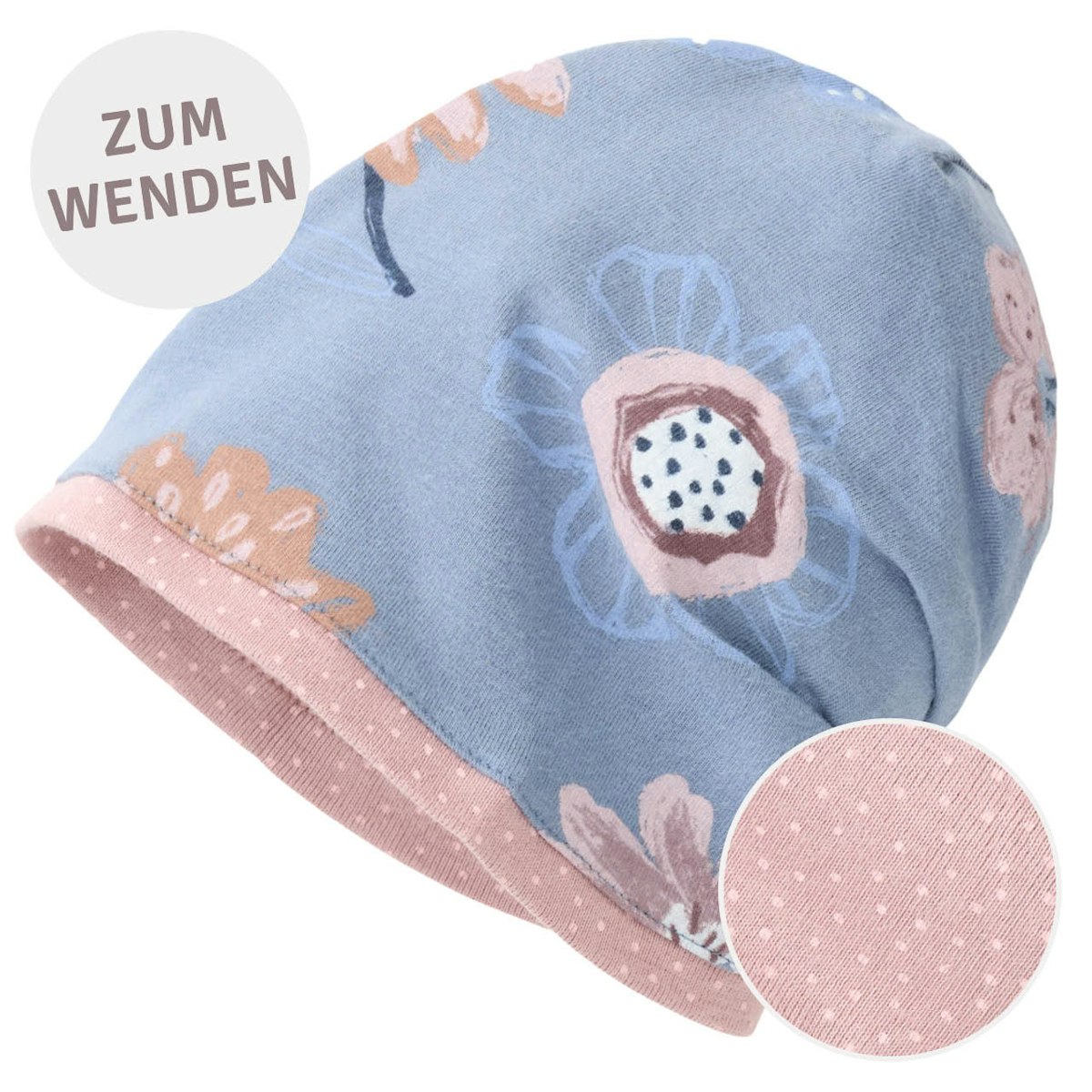 Wende-Beanie Blumen rauchblau 48/50