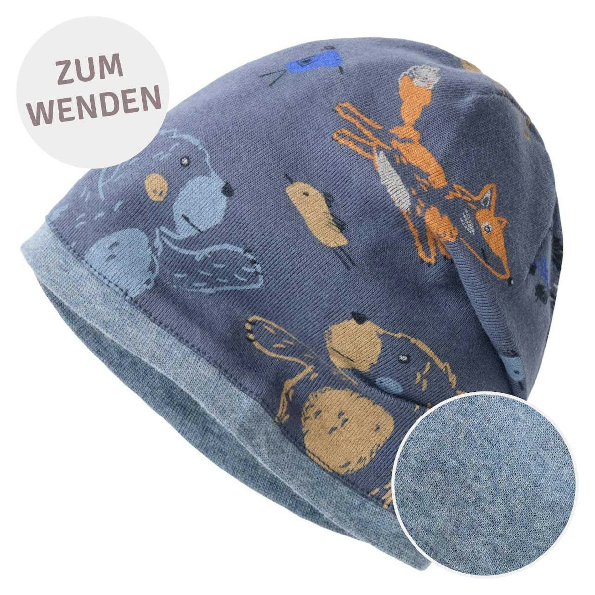 Wende Beanie Waldtiere indigo 48/50