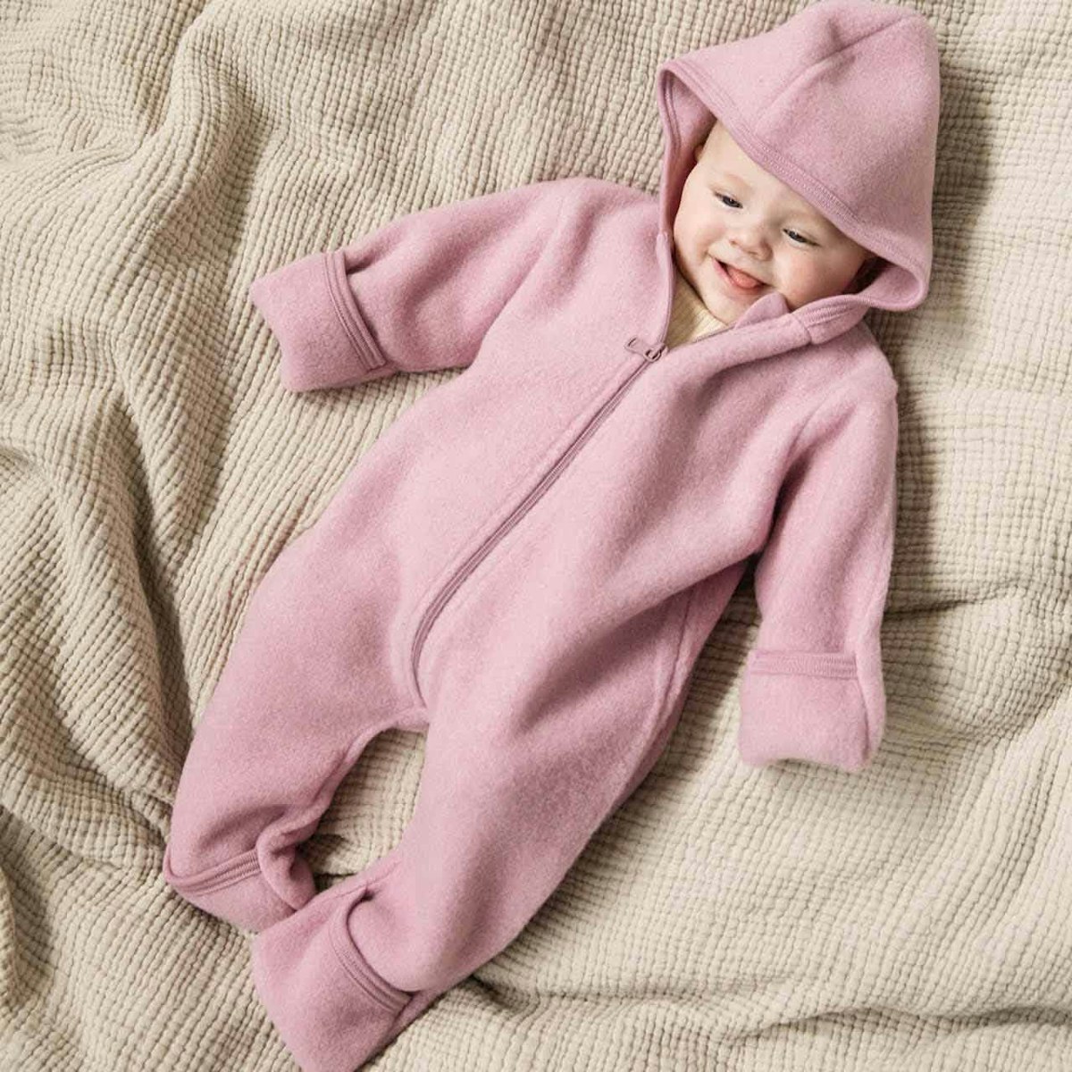 Wolle Baby Overall mit Kapuze Reißverschluss rosenholz 50/56