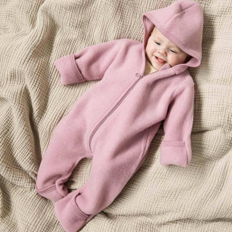 Wolle Baby Overall mit Kapuze Reißverschluss rosenholz 74/80