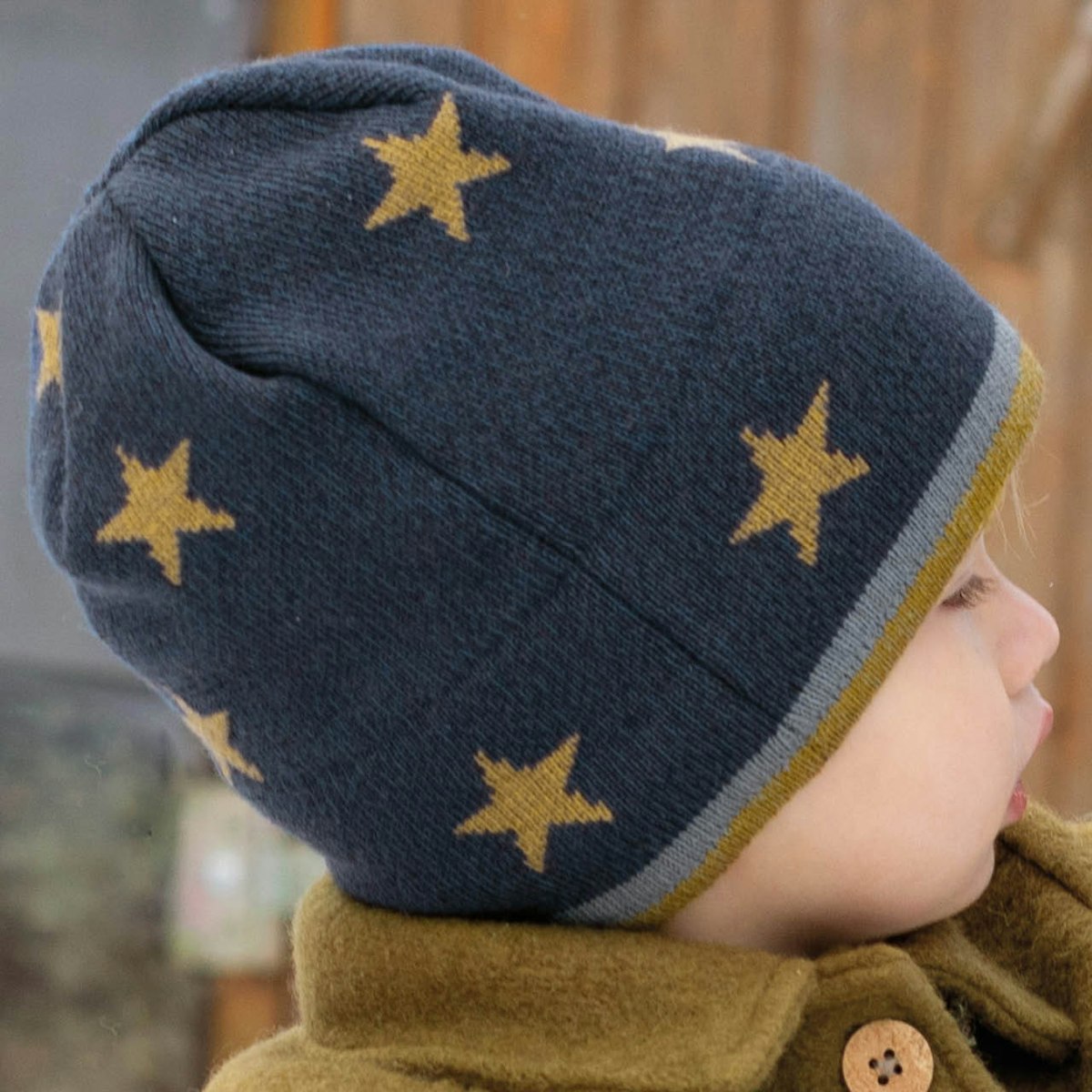 Wolle Seide Beanie Sterne jeans-blau 47/49