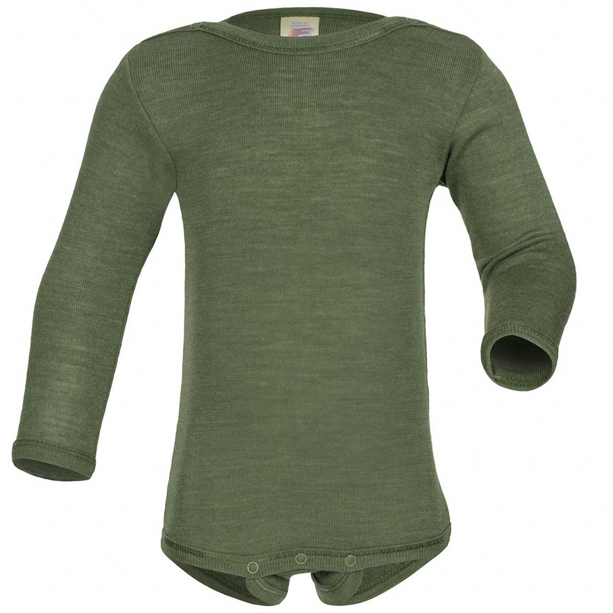 Wolle Seide Langarmbody Druckknopf oliv-grün 98/104