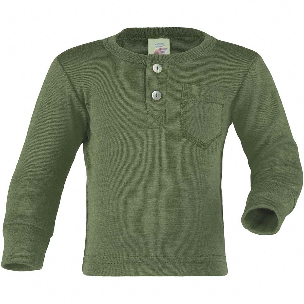 Wolle Seide Langarmshirt Knopfleiste oliv-grün 74/80