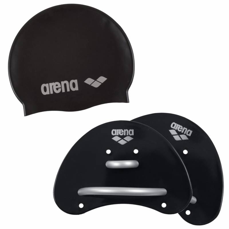 arena Fingerpaddle black und arena Badekappe black arena Fingerpaddle black und arena Badekappe black