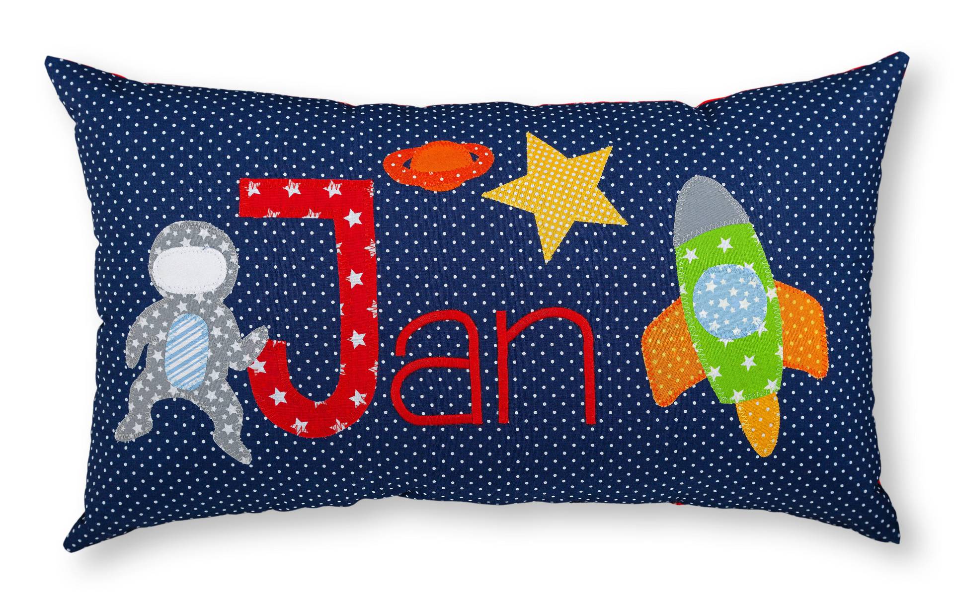 crepes suzette - Namenskissen mit Astronaut und Rakete, Farbe: Dunkelblau