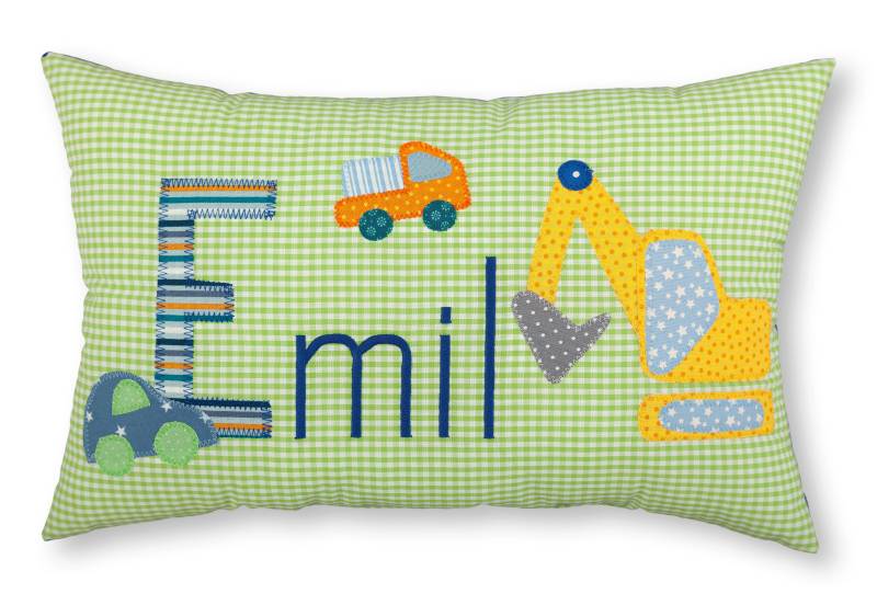 crepes suzette - Namenskissen mit Bagger, LKW & Auto, Farbe: Rot kariert