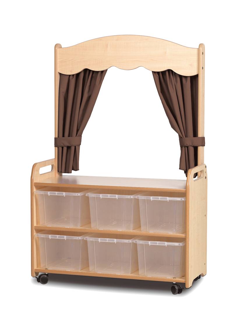 mobile Theaterregal mit Vorhang und 6 transparenten Aufbewahrungsboxen in Taupe mobile Theaterregal mit Vorhang und 6 transparenten Aufbewahrungsboxen in Taupe